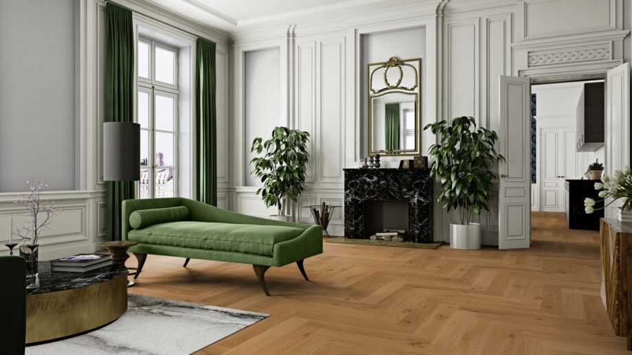 herringbone-parquet-oak-mix-140mm-beveled-brushed-oilwaxed Classical living room with herringbone parquet, marble fireplace, green sofa