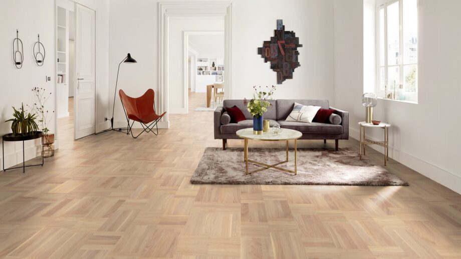 Engineered wooden floor Tarkett Grace Oak Era basket weave installed on living room floor
