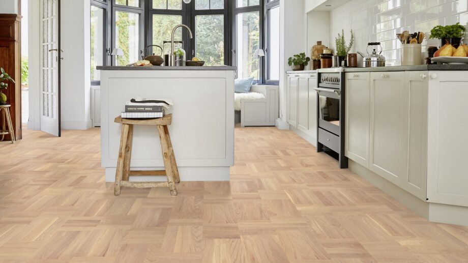 Wooden floor Tarkett Grace Oak Era basket weave installed on kitchen floor.