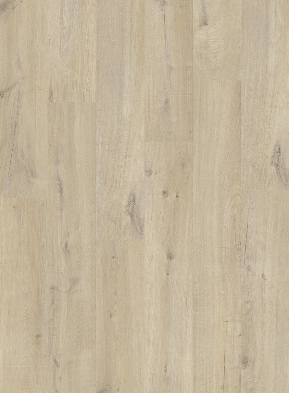 vinuulparkett-quick-step-bloom-cotton-oak-beige Vinüülparkett Quick-Step Bloom Cotton Oak Beige heleda kergelt hallika tooniga ja rustikaalse tammelaua disainiga.