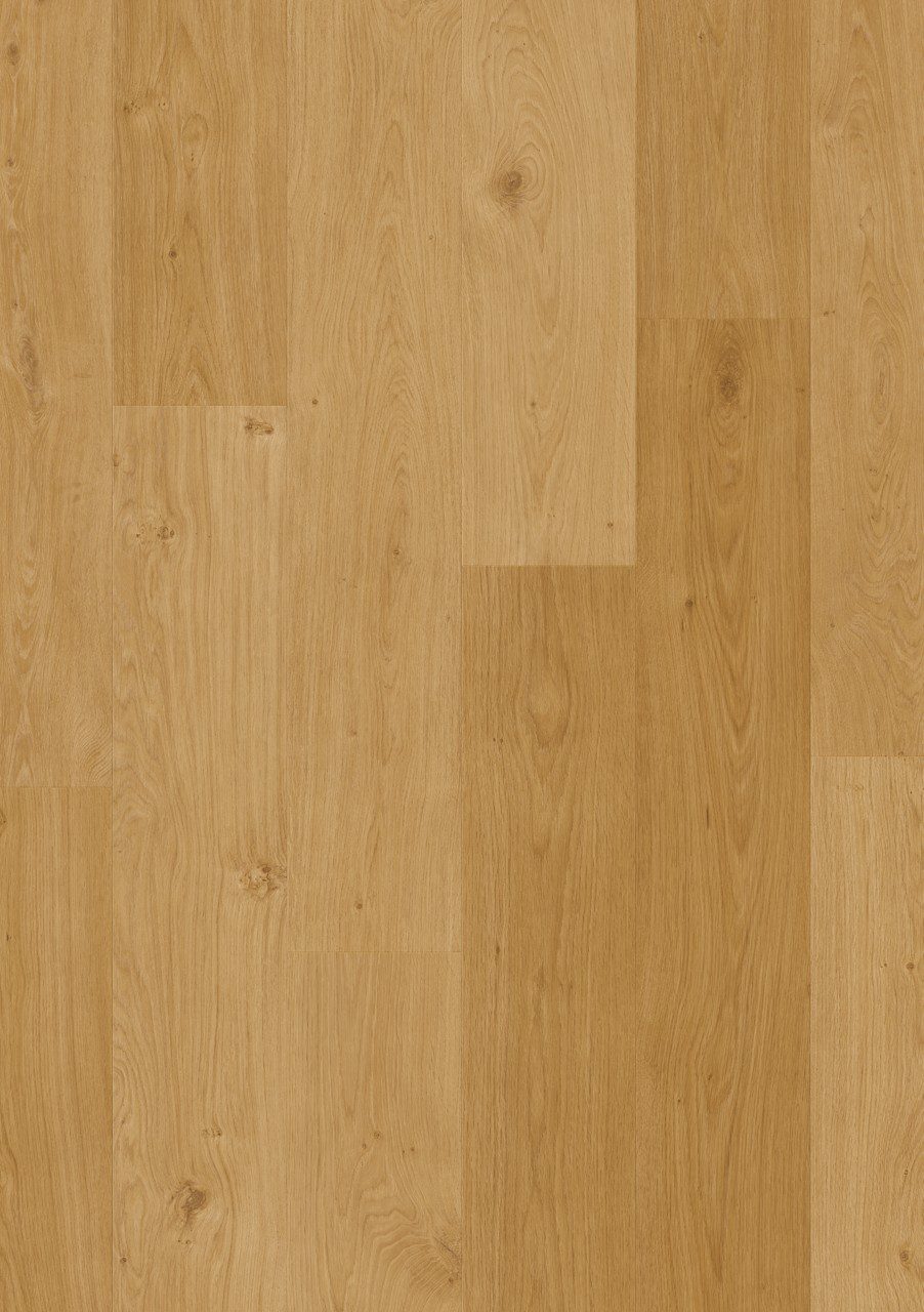 Vinüülparkett Quick-Step Blos Coast Oak Honey naturaalse tamme tooniga ja tammest põrandalaud disainiga.