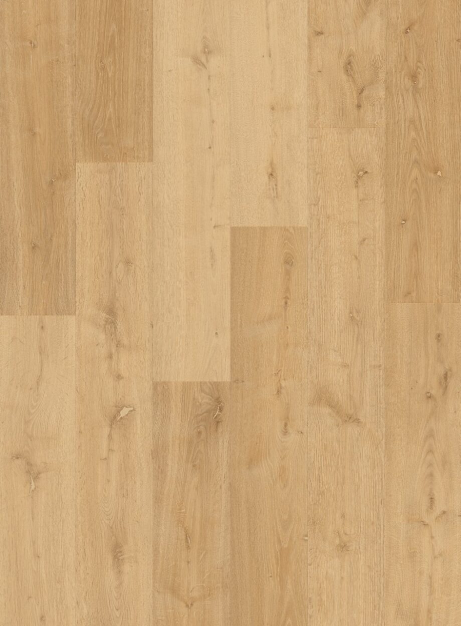 Vinyylilankku Quick Step Bloom Elegant Oak Natural, luonnollinen tammen sävy ja lankkudesign.
