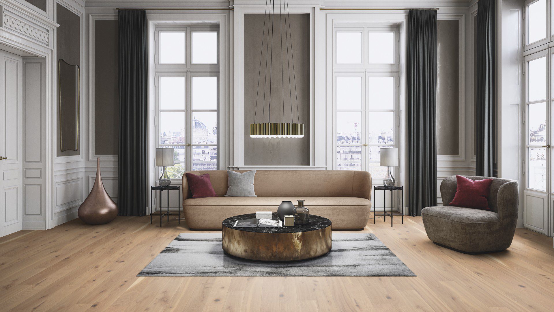 Engineered wooden flooring Bauwerk Boen Casapark Oak 46 Vivo brushed Avorio light oil-waxed installed on a living room floor. Classical modern mix stile with design sofa and chair. Nice design lightning. Marble top metallic side sofa table. Suunnittelu carpet.