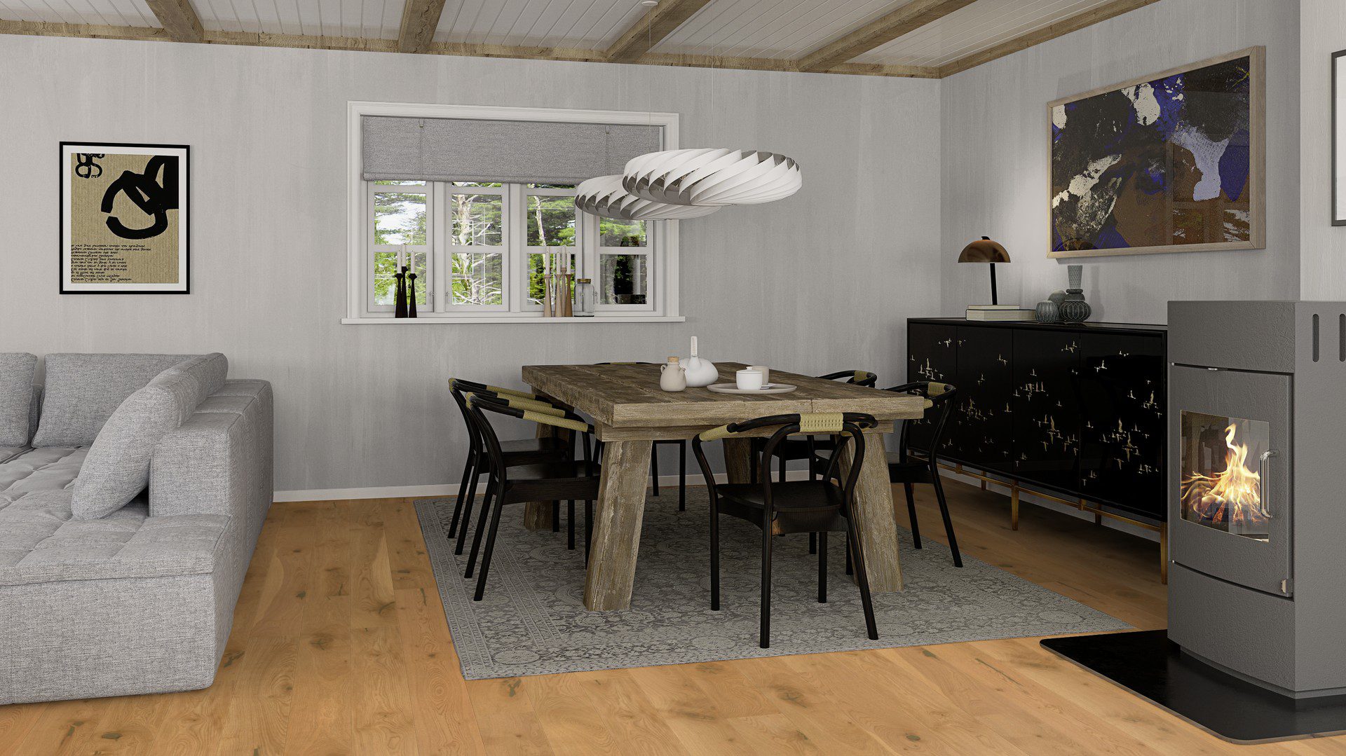 Laudparkett Bauwerk Casapark Budget Cut tamm 56 faasitud 2k, harjatud 138mm paigaldatud avatud köögiga elutoa põrandale. Hall kamin, hall diivan ja söögilaud koos toolidega hallil tükivaibal.