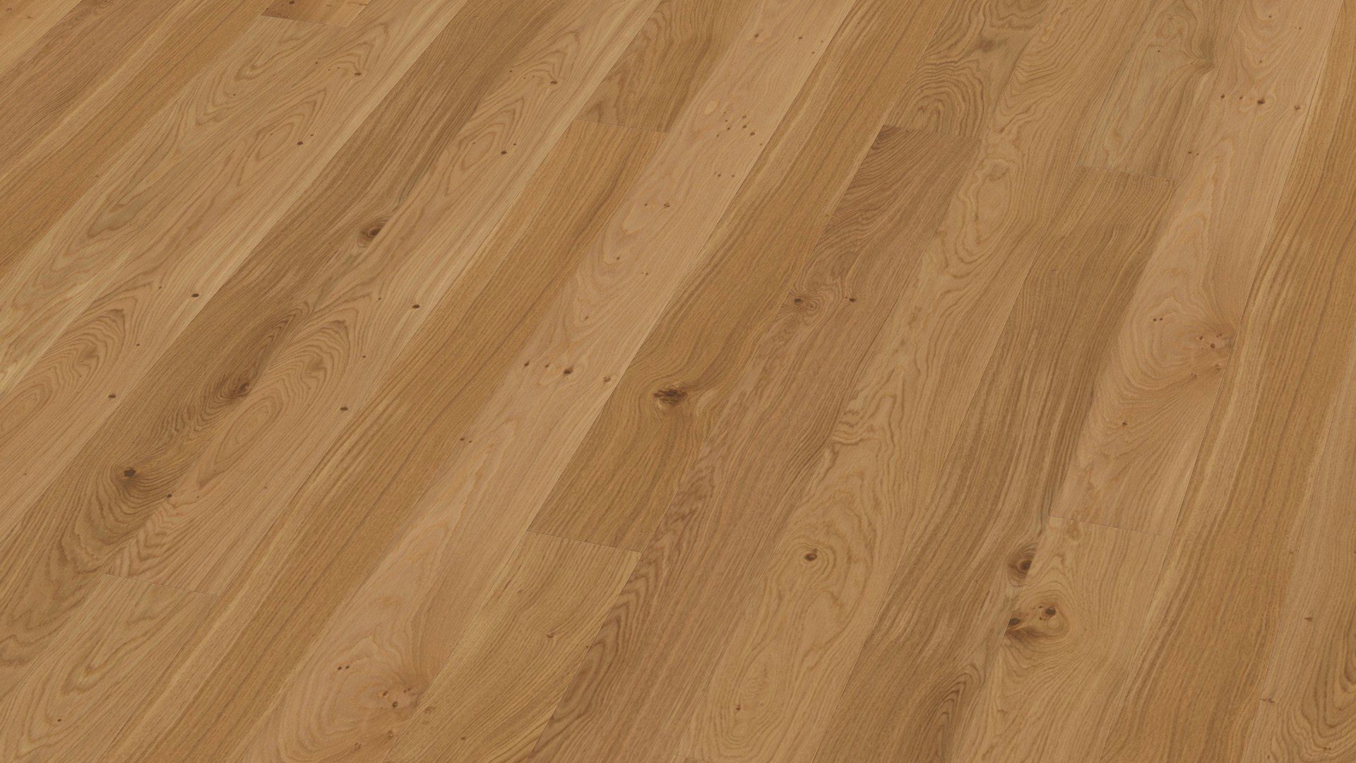 Parketti Bauwerk Boen Casapark Budget Cut tammi 35, harjattu ja mattalakattu, asennettuna kodin lattialle – luonnollinen, lämminsävyinen tammensävy ja kevyesti rustiikkinen sorteerus (maltillisesti oksakohtia ja hienovaraista sävyvaihtelua). Harjattu pinta ja mattalakattu viimeistely korostavat puun aitoa tekstuuria.