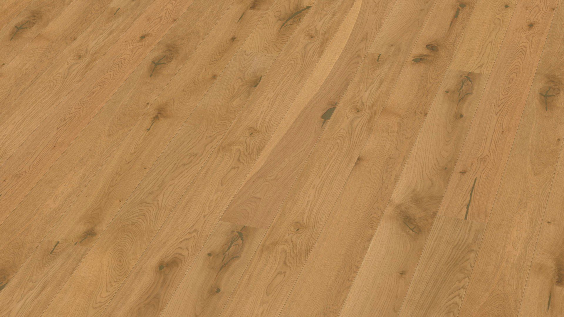 Parketti Bauwerk Casapark Budget Cut tammi 56 (138 mm), harjattu ja mattalakattu, asennettuna kodin lattialle – voimakkaan rustiikkinen sorteerus (runsaat oksakohdat ja selkeää sävyvaihtelua) sekä luonnollinen tammensävy. Budget Cut -rakenteessa pintalamelli on jatkettu, mikä mahdollistaa pitkän 2,2 m lautaformaatin.