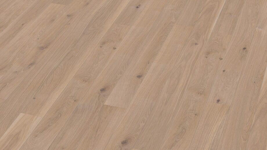 Parketti Bauwerk Tammi 35 Crema harjattu B-Protect – vaalea, pehmeän lämmin tammen sävy, harjattu pinta ja luonnollisen rauhallinen puukuvio.