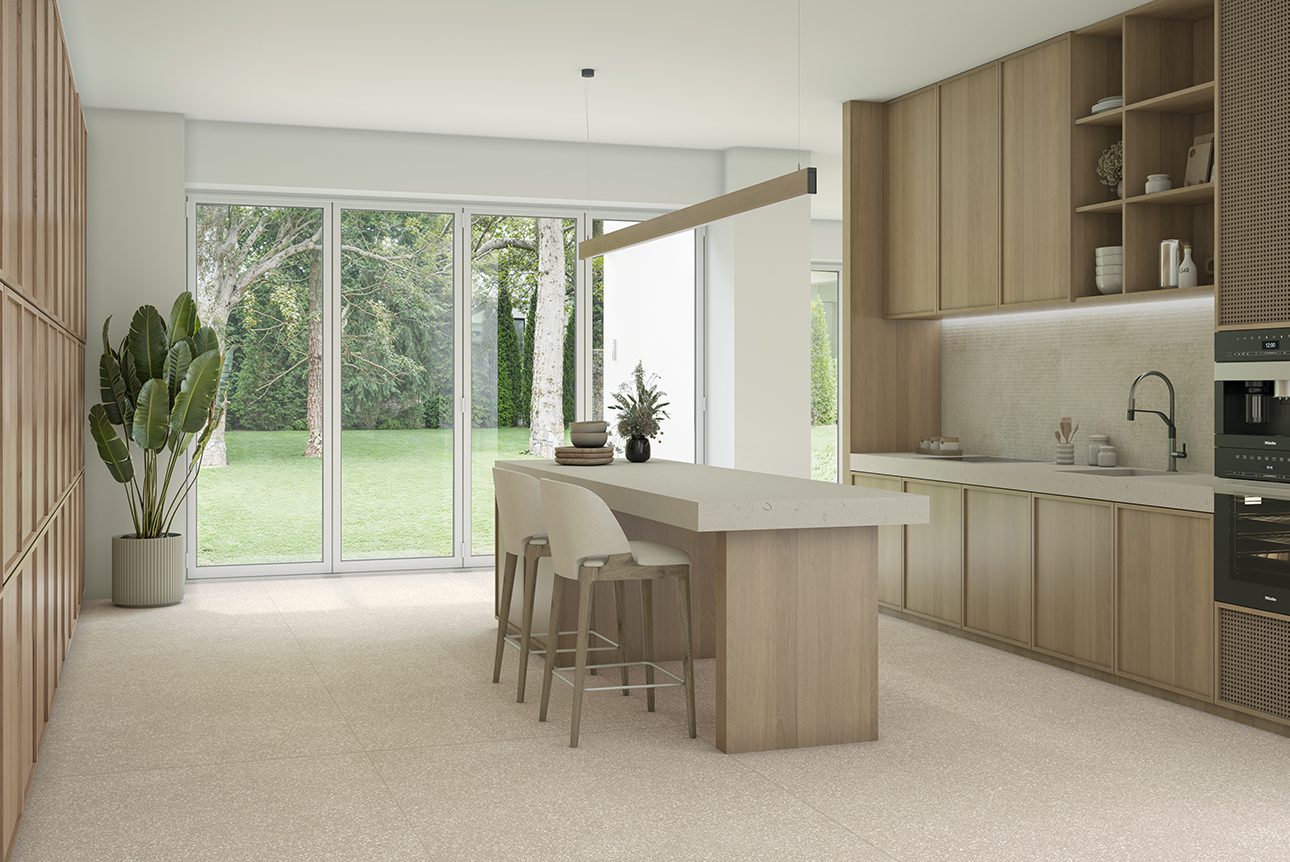Terrazzo mustriga matt keraamiline põrandaplaat Tau Portobello Sand, 60x60 cm, 9 mm, liivabeež, R10, rektifitseeritud