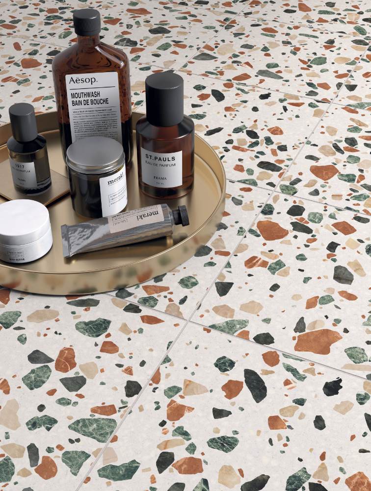 Terrazzo-kuvioinen lattialaatta ABK Play Drops Multiwhite, 20x20 cm, 8,5 mm, matta (nat.)