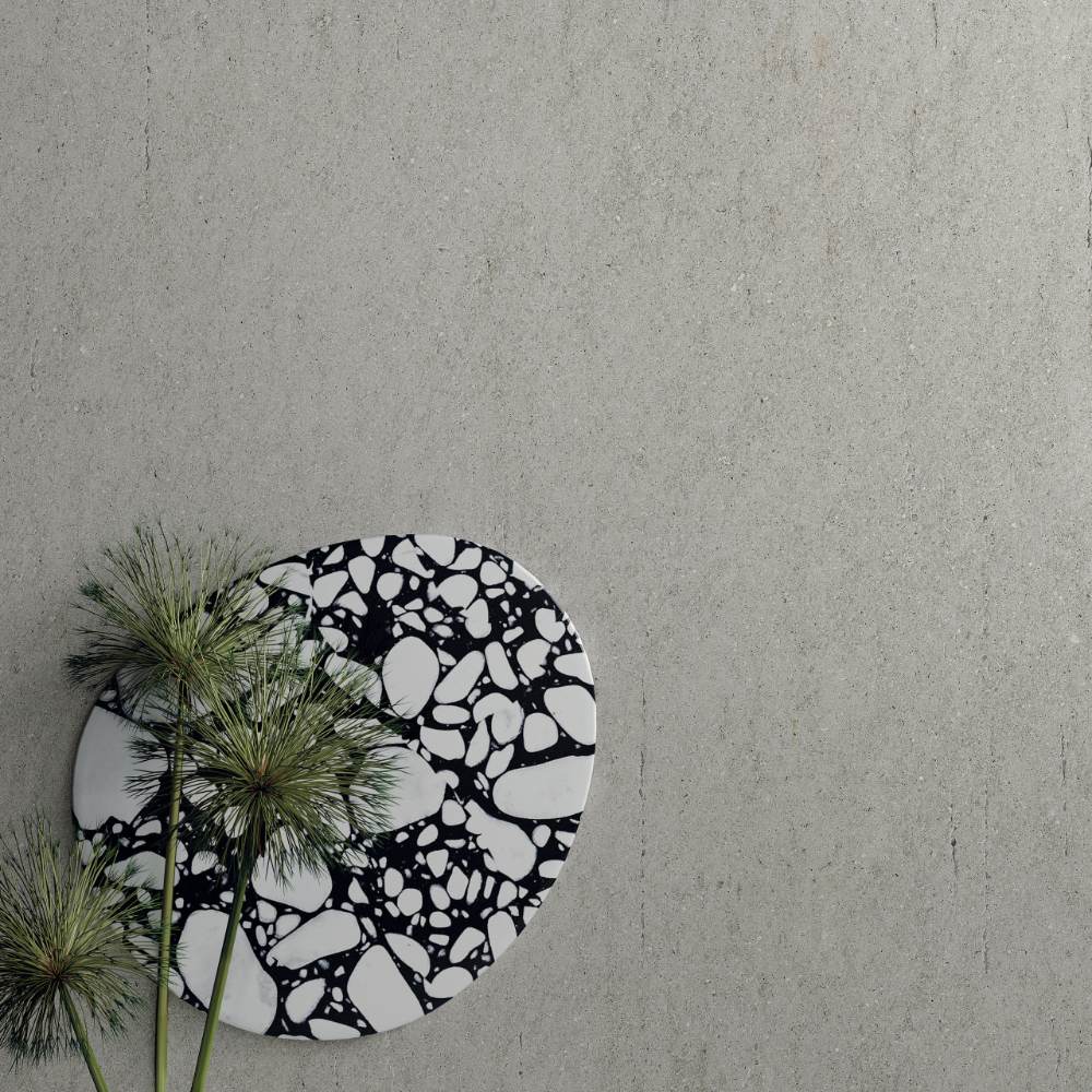 Kivikuvioinen terassilaatta ABK Poetry Stone Reloaded Basaltina Silver, 120x120 cm, 20 mm, ulkokäyttöön, liukuesto R11