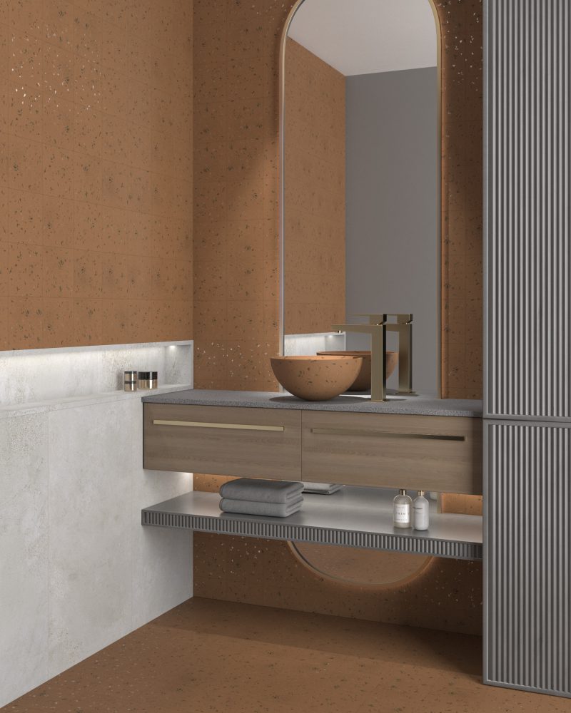 Värviline terrazzo-mustriga keraamiline plaat Dune Fragmenta Terracota – interjöör