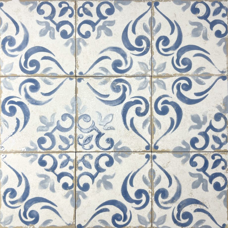 189210-2 Valencia hüdroplaadi mustriga portselanplaat Dune Antiga Barraquetes Azul, 20x20 cm, 9 mm, sinine