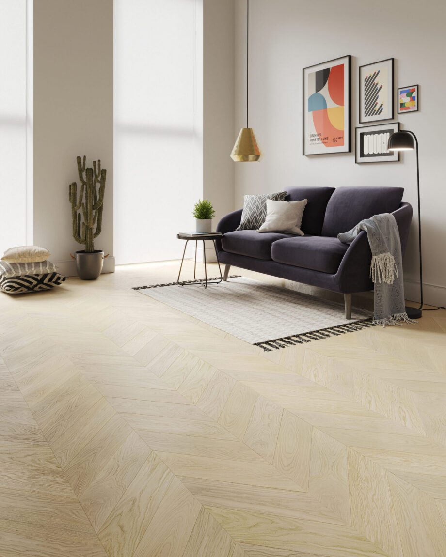 Chevron tammiparketti Esta Nordic S Linen erittäin mattalakattu – lähikuva Chevron tammiparketti Esta Nordic S Linen erittäin mattalakattu – 3
