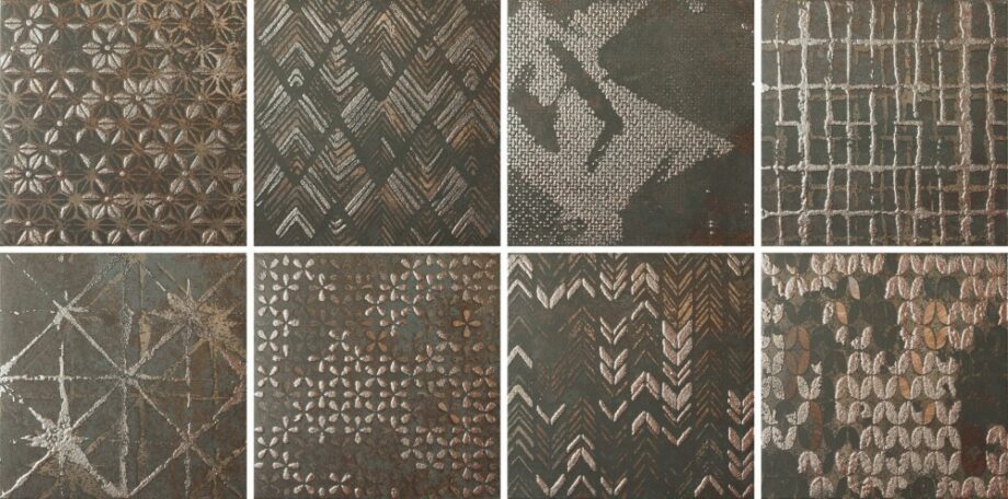 187760N-1 Etnomustriga metalliefektiga portselanplaat Dune Diurne Oxide Ethnic, 20x20 cm, 9 mm, roostepruun