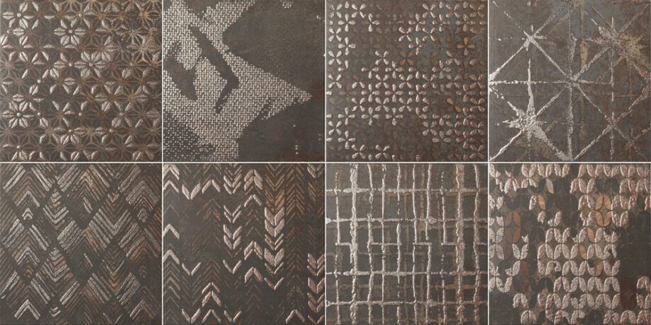 187760N-2 Etnomustriga metalliefektiga portselanplaat Dune Diurne Oxide Ethnic, 20x20 cm, 9 mm, roostepruun