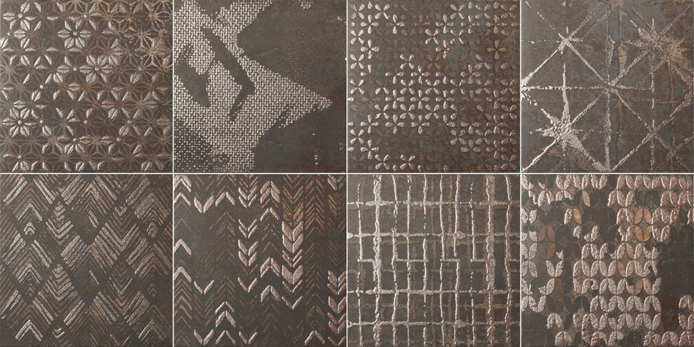 Etnomustriga metalliefektiga portselanplaat Dune Diurne Oxide Ethnic, 20x20 cm, 9 mm, roostepruun