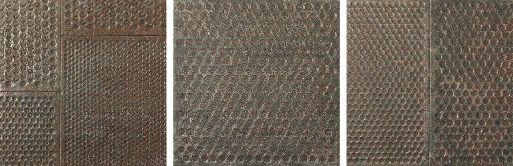 Perforeeritud metallpaneeli efektiga portselanplaat Dune Diurne Oxide Plate, 20x20 cm, 9 mm, roostepruun