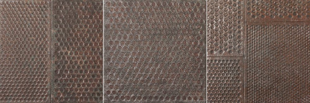 Perforeeritud metallpaneeli efektiga portselanplaat Dune Diurne Oxide Plate, 20x20 cm, 9 mm, roostepruun