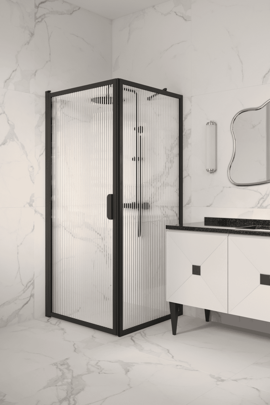 Suihkunurkka Hietakari Bläk 755 New York, musta kehys, Reeded-lasi Suihkunurkka Hietakari Bläk 755 New York, musta kehys, Reeded-lasi