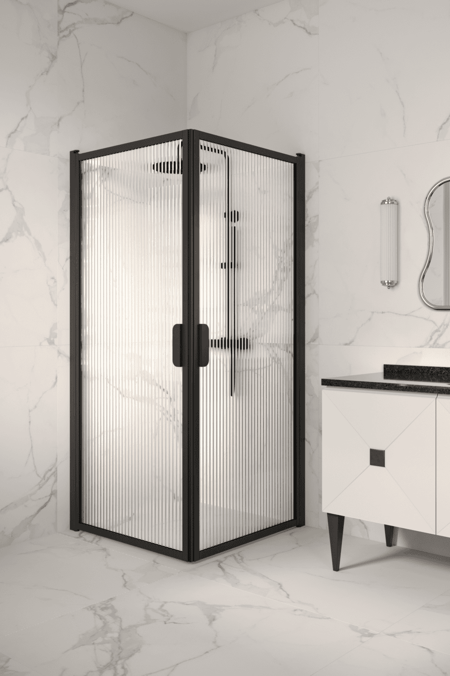 Suihkunurkka Hietakari Bläk 757 New York, musta kehys, Reeded-lasi Suihkunurkka Hietakari Bläk 757 New York, musta kehys, Reeded-lasi