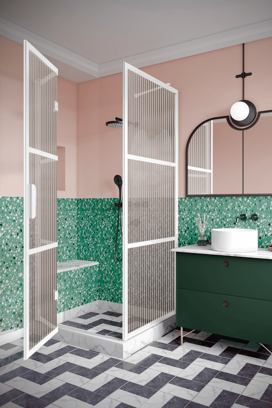Suihkunurkka Hietakari Bläk 888 Tokyo, valkoinen kehys, Reeded-lasi