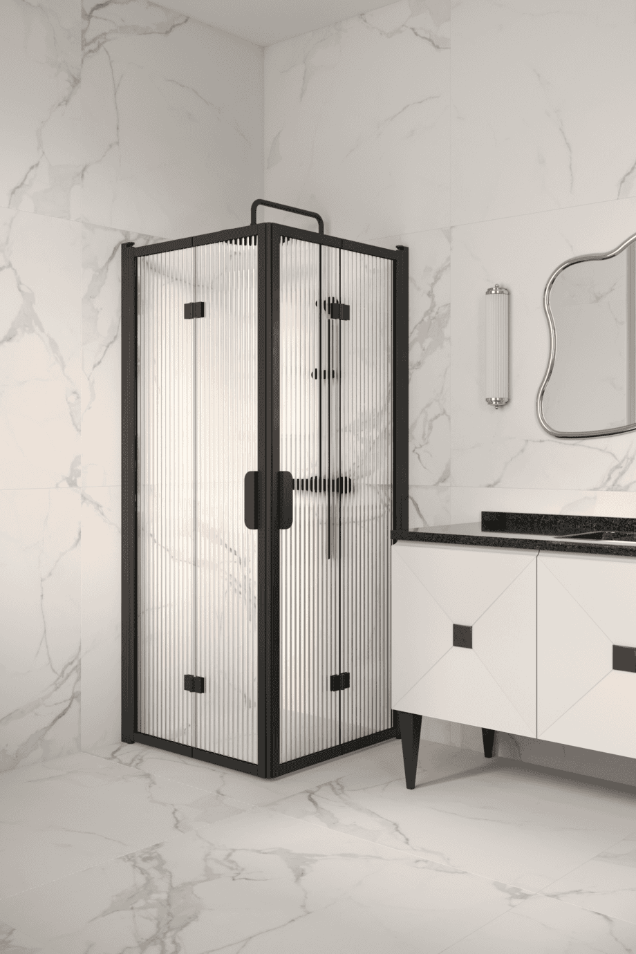 Suihkunurkka Hietakari Bläk 899 New York, musta kehys, Reeded-lasi