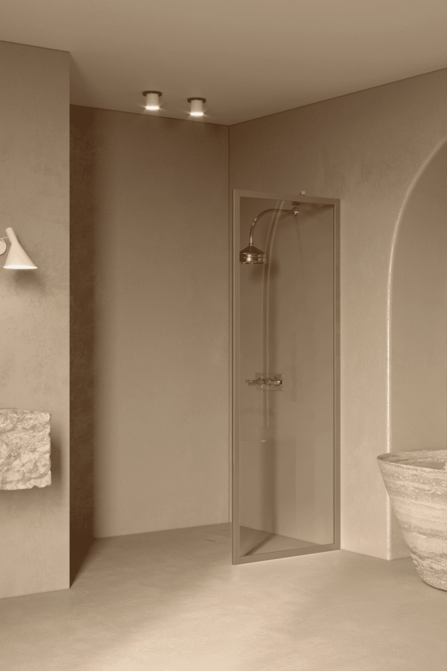 Kiinteä suihkuseinä Hietakari Bläk 731 New York, Sand-kehys, savulasi Kiinteä suihkuseinä Hietakari Bläk 731 New York, Sand-kehys, savulasi