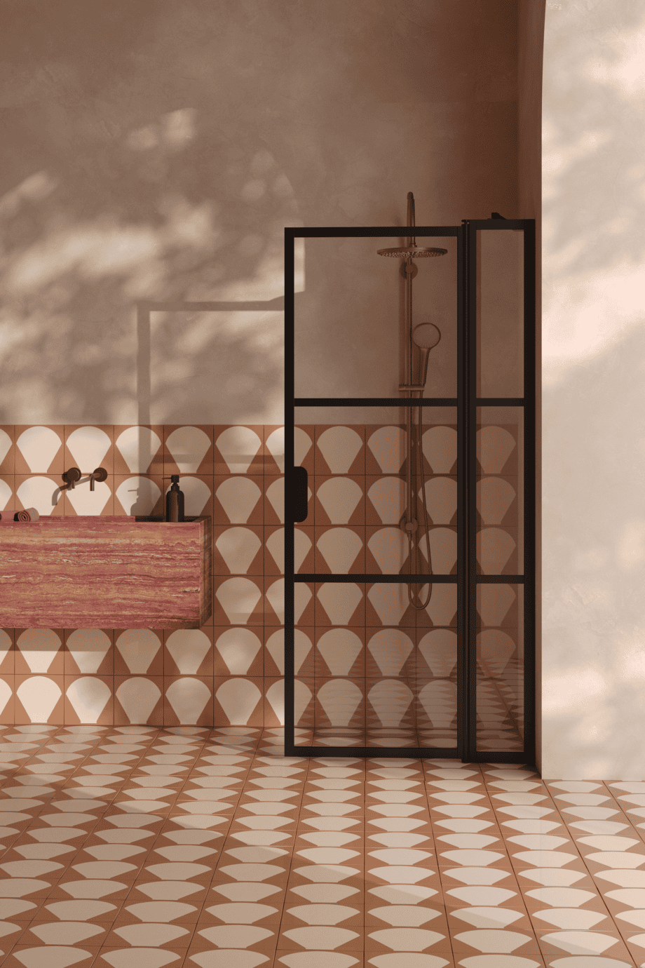 Kääntyvä suihkuseinä kiinteällä osalla Hietakari Bläk 736 Tokyo, Sand-kehys, pronssilasi Kääntyvä suihkuseinä kiinteällä osalla Hietakari Bläk 736 Tokyo, Sand-kehys, pronssilasi