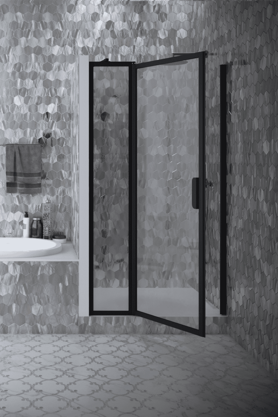 Kääntyvä suihkuovi kiinteällä osalla ja seinämagneetilla Hietakari Bläk 789 New York, musta kehys, Reeded-lasi Kääntyvä suihkuovi kiinteällä osalla ja seinämagneetilla Hietakari Bläk 789 New York, musta kehys, Reeded-lasi