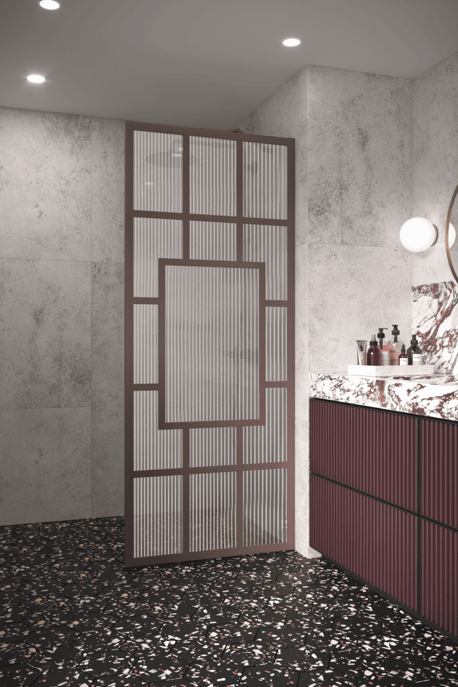 Kiinteä suihkuseinä Hietakari Bläk 800 Shanghai, Mocha-kehys, Reeded-lasi