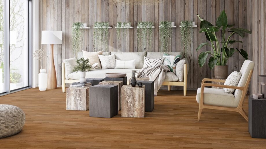 Parkett Tarkett, Shade, Tamm Almond TreS, 3-lip, harjatud, peits ja Proteco Natu 1 Tammeparkett Tarkett Shade Almond TreS elutoas