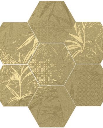 Kuusikulmainen trooppisella lehtikuviolla koristeltu lattialaatta Dune Magnet Tropic Gold, 15x17 cm, 8 mm, kulta