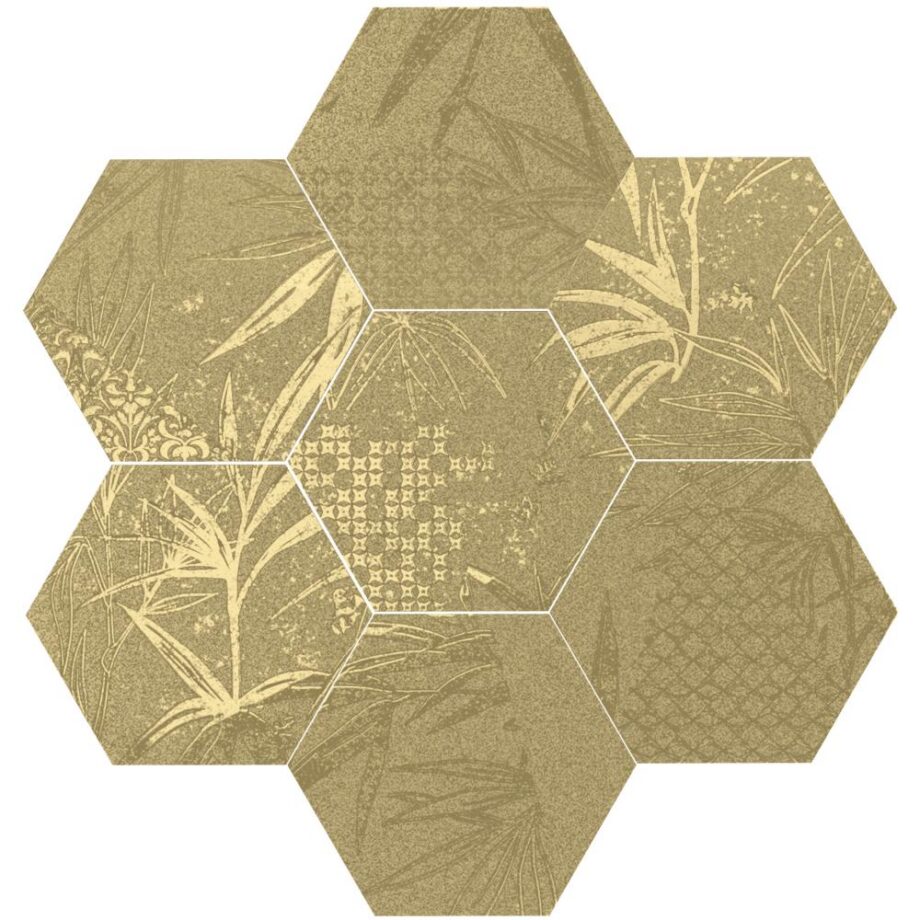 Kuusnurkne troopilise taimemustriga portselanplaat Dune Magnet Tropic Gold, 15x17 cm, 8 mm, kuldne