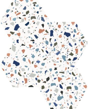Kuusnurkne terrazzo-mustriga portselanplaat Dune Chicago Terrazo, 21,5x25 cm, 9 mm, valge värviliste täppidega, R10