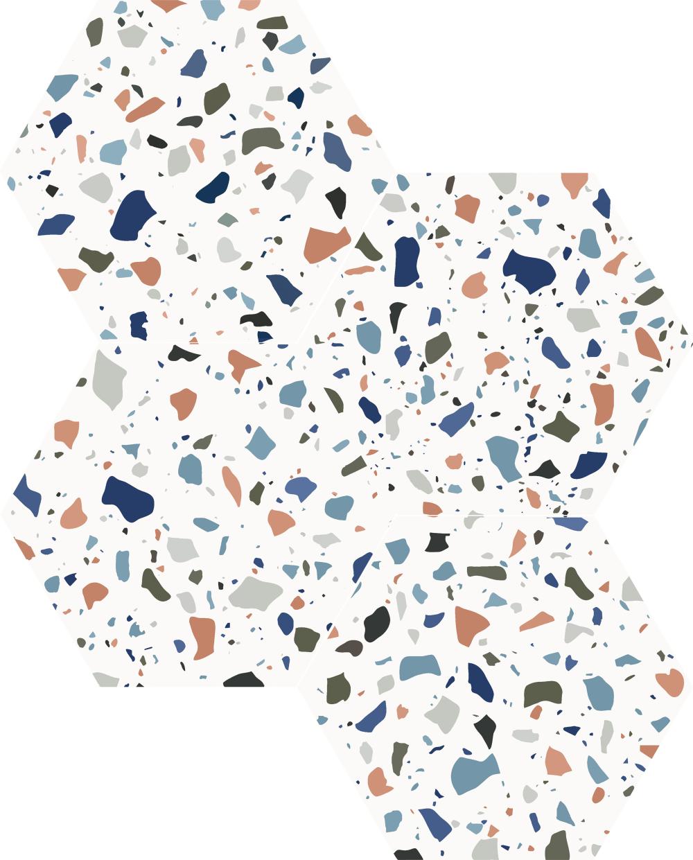Kuusnurkne terrazzo-mustriga portselanplaat Dune Chicago Terrazo, 21,5x25 cm, 9 mm, valge värviliste täppidega, R10