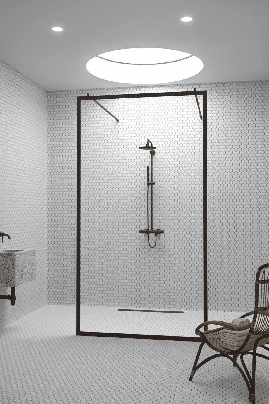 Walk-in-suihkuseinä Hietakari Bläk 712 New York, valkoinen kehys, Reeded-lasi
