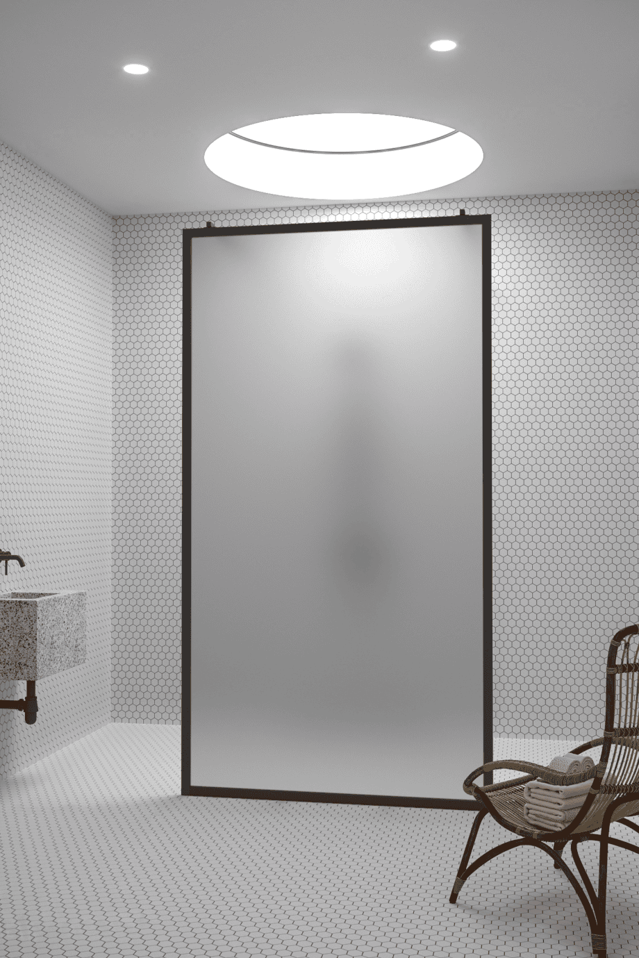 Walk-in-suihkuseinä Hietakari Bläk 712 New York, valkoinen kehys, satiinilasi