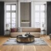 parquet-floor–bauwerk-boen-casapark-oak-46-vivo-brushed-oiled-138mm Parquet floor Bauwerk Boen Casapark Oak 46 Vivo brushed and oil-waxed 138mm wide installed on livingroom floor. Suunnitteluer sofa and chair. Beutiful sofa table., grey designer carpet under it.