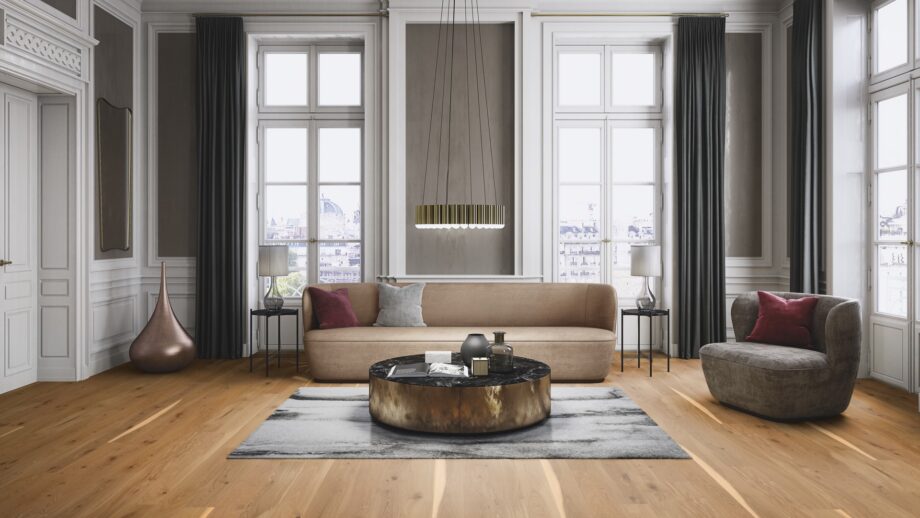 parquet-floor–bauwerk-boen-casapark-oak-46-vivo-brushed-oiled-138mm Parquet floor Bauwerk Boen Casapark Oak 46 Vivo brushed and oil-waxed 138mm wide installed on livingroom floor. Suunnitteluer sofa and chair. Beutiful sofa table., grey designer carpet under it.